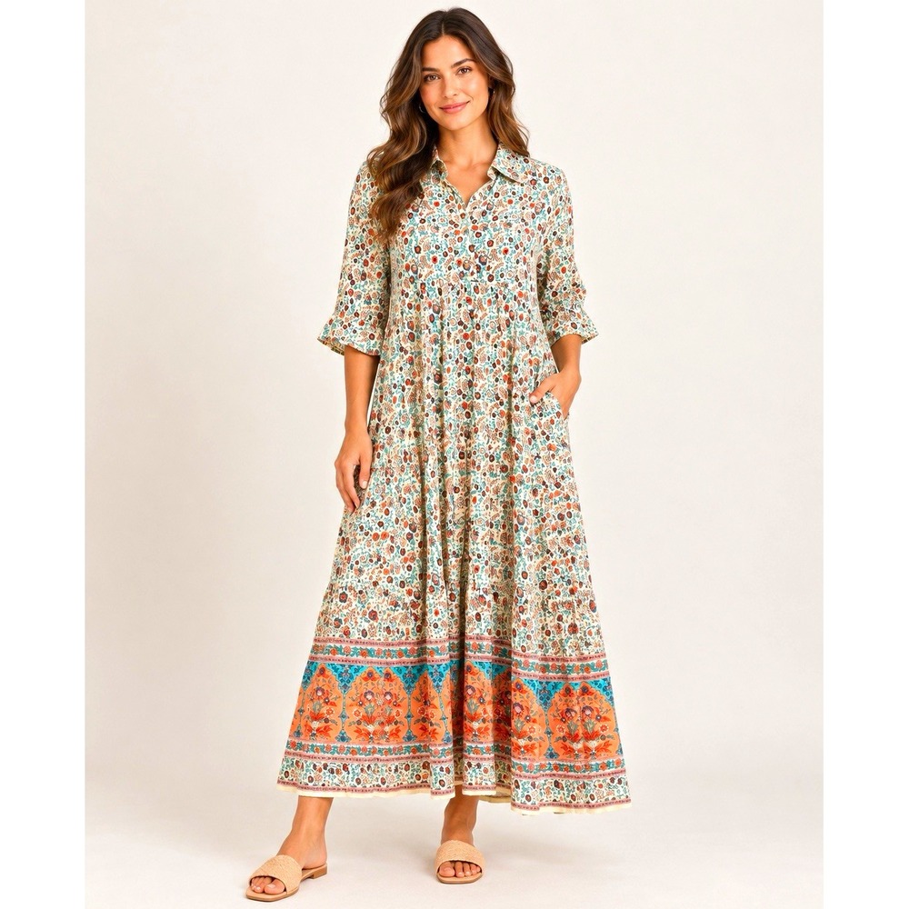 Natural Life Avery Maxi Dress S Floral Rayon Boho Button Front Pockets Paisley